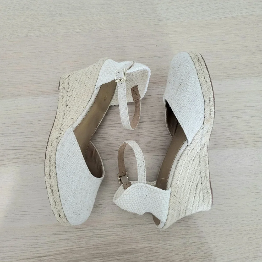 J Crew Espadrille Wedge Sandals Ankle Strap Ivory Cream Heels Jute Buckle 7.5